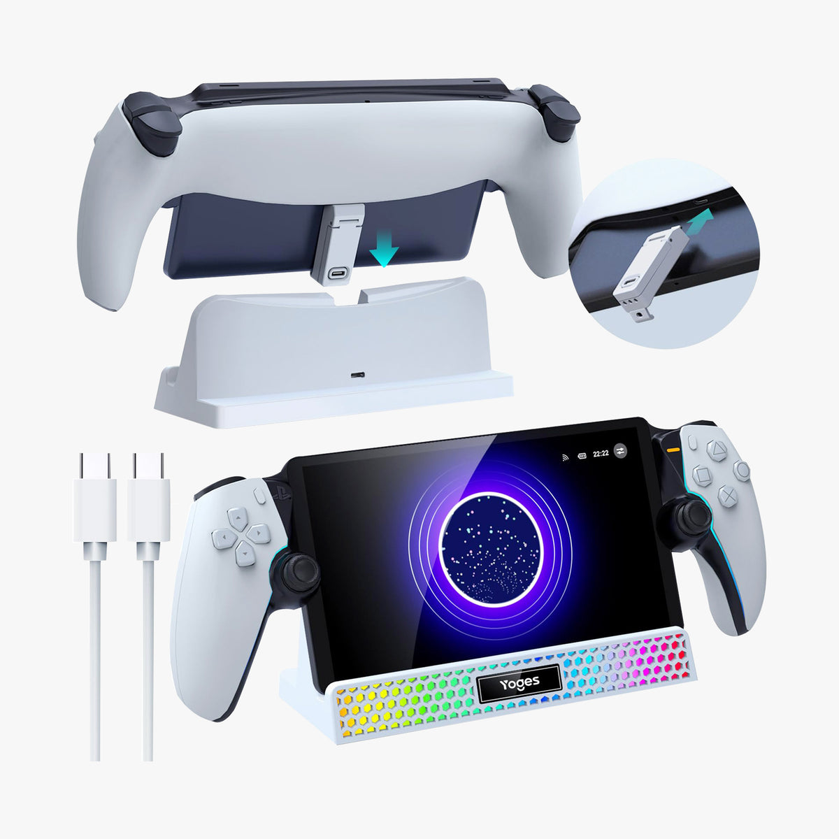 YOGES Charging Dock for PlayStation Portal, 3 in 1 Charging Stand for PS5 Portal with 14 RGB Light