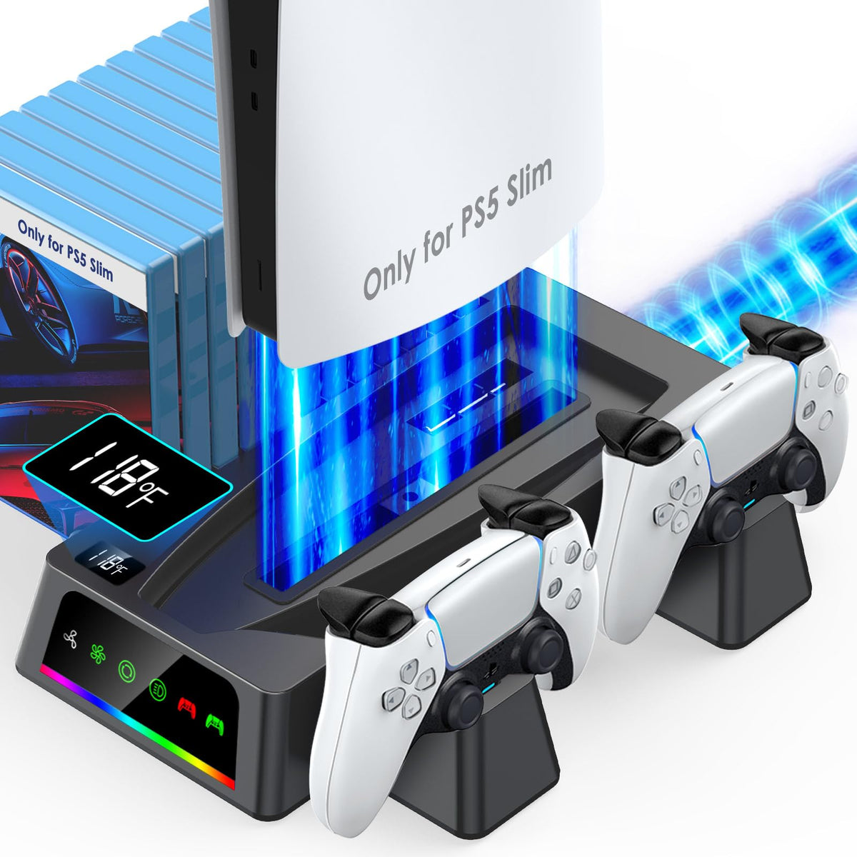 YOGES PS5 &  PS5 Slim Stand and Cooling Station with Temperature Sensor, 2H Fast PS5 Controller Charger