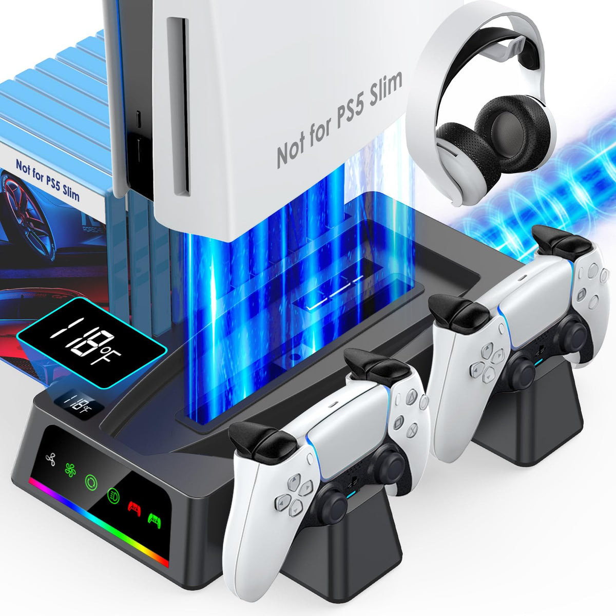 YOGES PS5 &  PS5 Slim Stand and Cooling Station with Temperature Sensor, 2H Fast PS5 Controller Charger