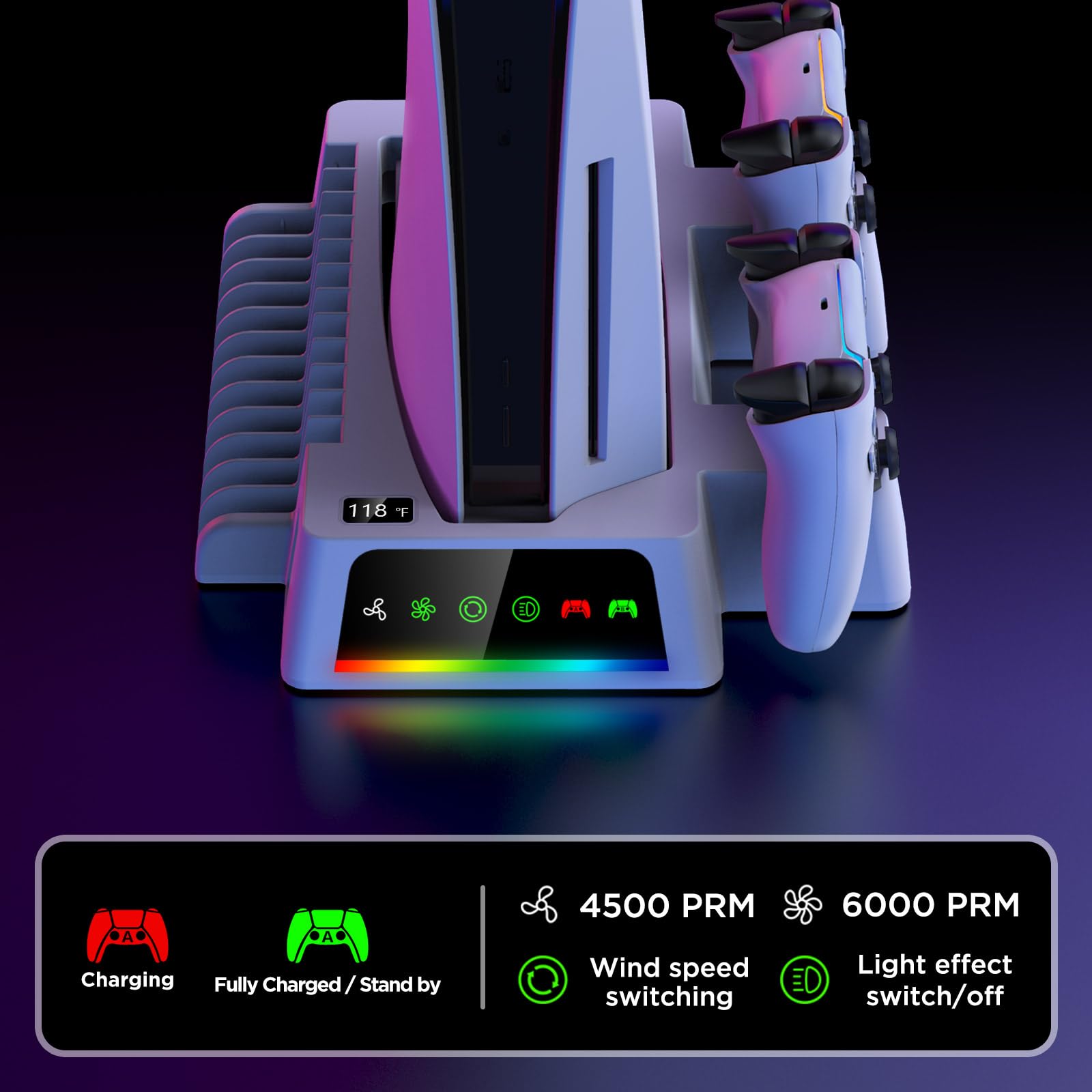 YOGES PS5 & PS5 Slim Stand and Cooling Station with Temperature Sensor
